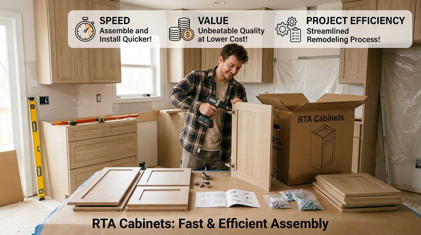 Contractor assembling RTA cabinets from flat-pack boxes on a job site