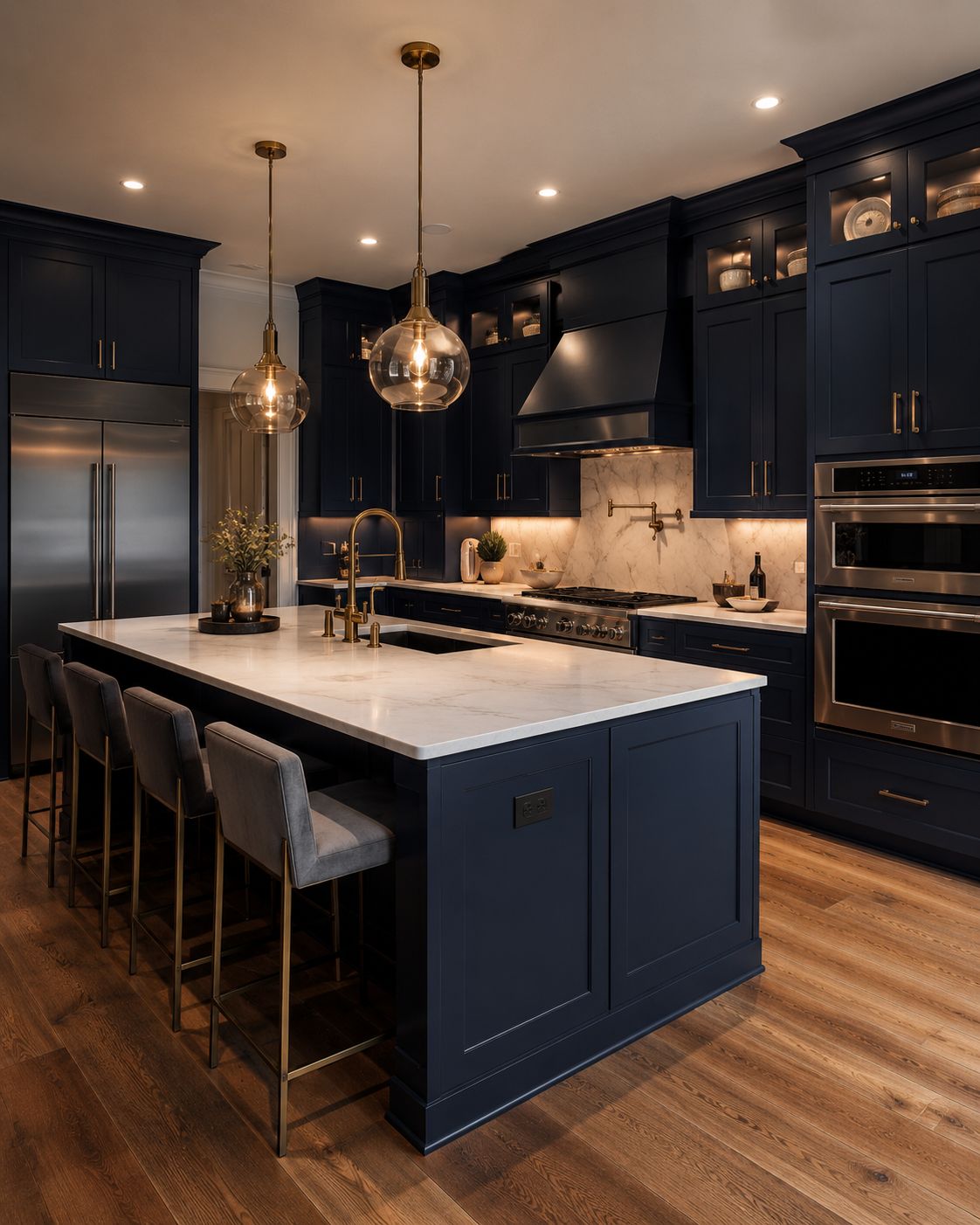 Kitchen with D4 Navy shaker cabinets, white quartz island and brass pendant lighting